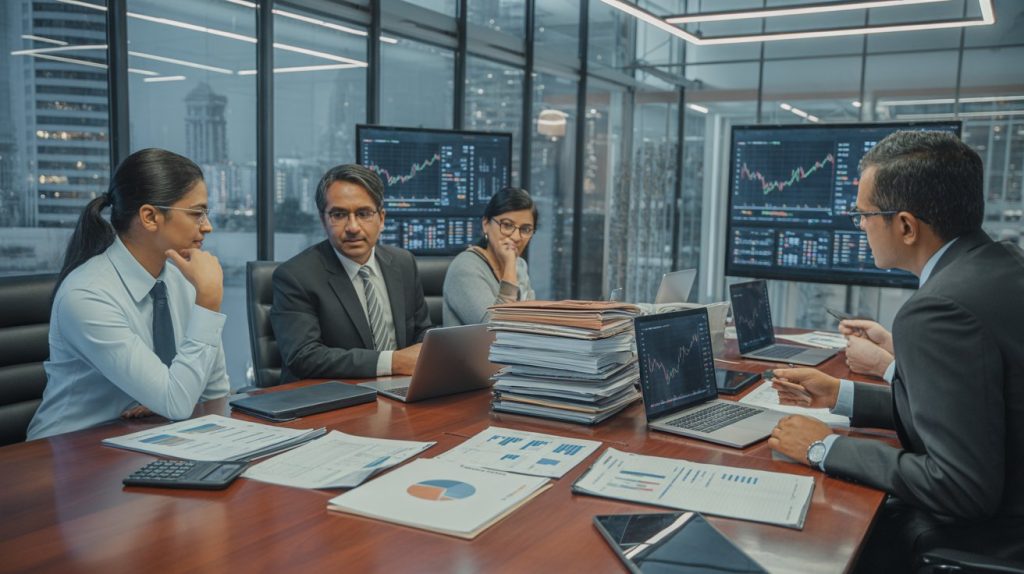 Acquisition due diligence meeting during an M&A deal with business professionals reviewing financial documents and company valuation reports.