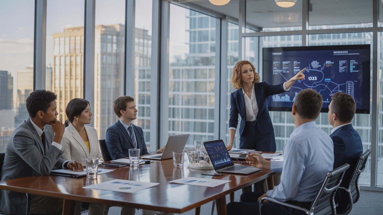 Corporate business team attending a strategic planning presentation and market analysis meeting in a modern office conference room