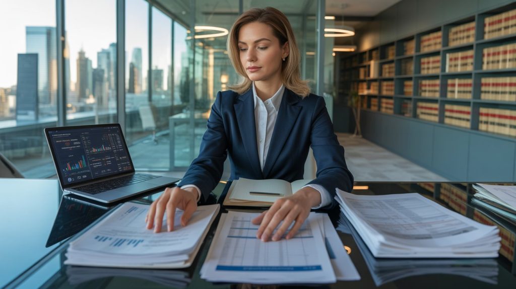 Alt tag: Professional financial consultant reviewing business documents and analytics report in a modern office workspace