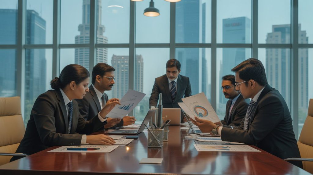 Financial due diligence meeting in India with investors reviewing company financial reports, audits, and acquisition documents for business evaluation