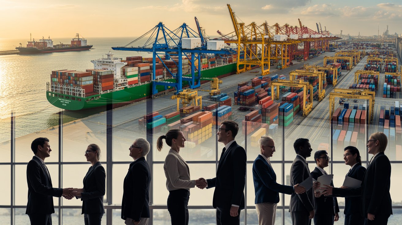 Business professionals shaking hands in front of a global shipping port representing FTA compliance, international trade operations, and business implementation framework