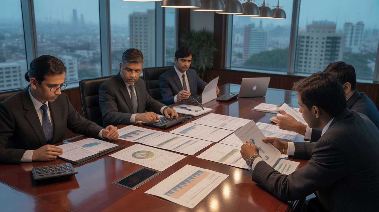 Indian startup professionals reviewing financial reports and legal documents during investor due diligence meeting in corporate boardroom