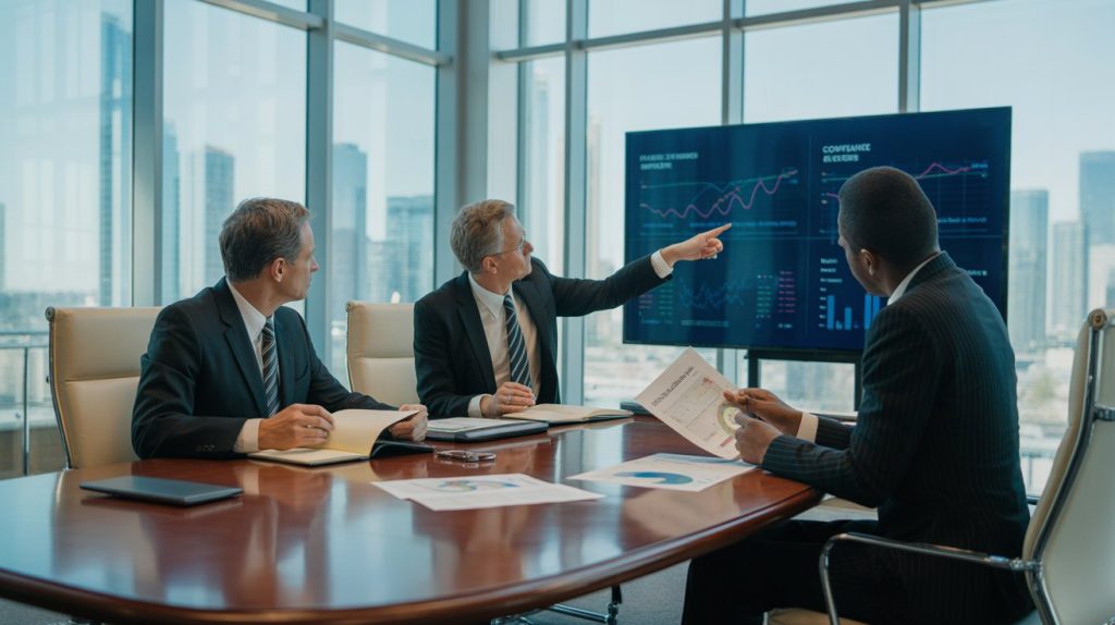 Alt tag: Business professionals discussing financial reports and market growth strategy during a corporate boardroom meeting